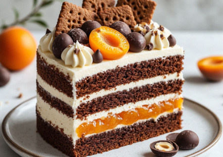 Абрикосовый конфитюр, фундук и шоколадный бисквит — торт «Рыжик». Яркое настроение и хрустящая нежность