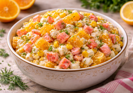 Салат по-королевски с крабовыми палочками: всегда вызывает интерес за столом — нежный, простой и с неожиданной цитрусовой ноткой