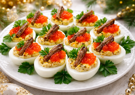 Фаршированные яйца со шпротами и красной икрой: подаем на поджаренном хлебе к вину и шампанскому