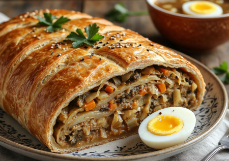 Украинская кулебяка с капустой и яйцом — целое сокровище из теста с начинкой. Подаем с горячим бульоном