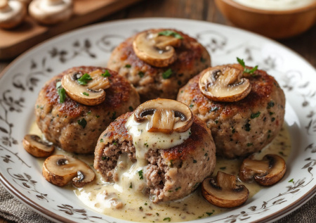 Аппетитные зразы «Охотничьи» с грибами, луком и сметанной подливкой. Ароматно и вкусно