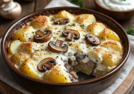 Картофель в мундире — это прошлый век. Запеканка «Деревенская печь» с грибами и сметаной — вкус детства в новой форме