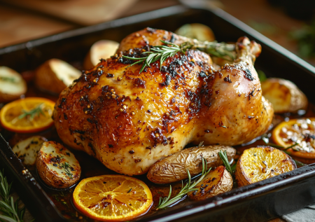 Курица с апельсином и беконом в медово-соевом соусе: запекаю целиком. Аромат на весь дом, мясо — сочнейшее!