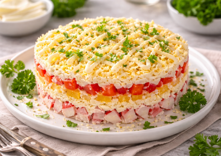 Салат «Песцовая шубка» с крабовыми палочками не похож на обычный крабовый салат — нежный, яркий и очень вкусный