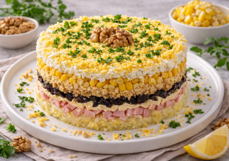 Простые ингредиенты в салате «Гусарский» складываются в изумительное сочетание: он сытный, яркий и по-праздничному вкусный