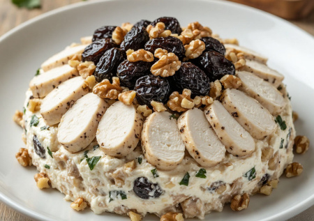 Весь ужин заменит один салат — «Гнездо» с курицей и черносливом. Изысканно и сытно