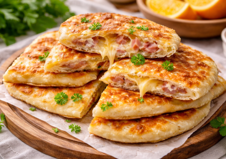 Вкуснятина к супу или на завтрак: сырные лепешки с ветчиной на скорую руку — простое тесто на кефире