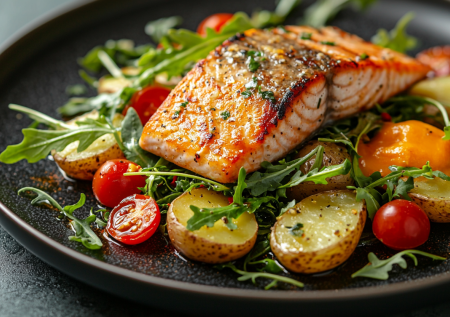 Салат, который украсит любой стол: теплый картофель, форель и соус манго-чили. Готовится за 20 минут