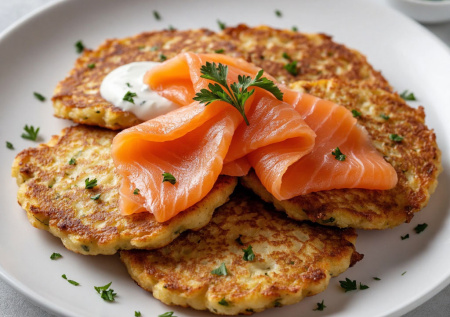 Не оладьи, а кружева: хрустящие картофельные «сеточки» со слабосоленым лососем. Шедевр из одной сковороды