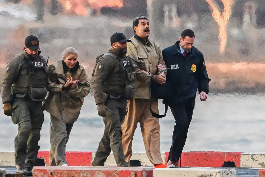 Николас Мадуро и его супруга Силия Флорес прибывают на Wall Street Heliport для доставки в суд Нью-Йорка