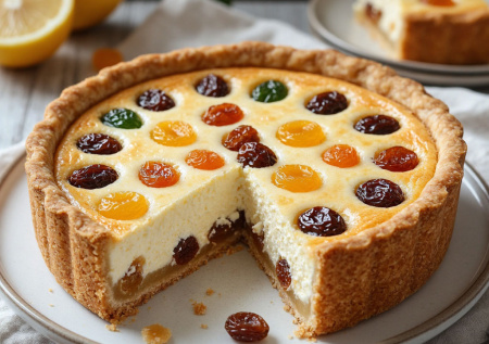 Ваш новый любимый завтрак! Итальянский творожный пирог «Торта-ди-ричотта» с изюмом и цукатами — плотный, ароматный и очень сытный