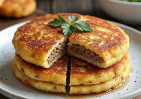 Только картофельное пюре и фарш. Забыла про зразы — готовлю на ужин лепешки-лодочки с мясной сердцевиной