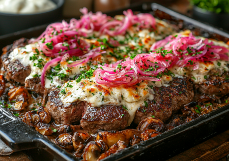 Необычные отбивные под маринованным луком: вкусное горячее для сытного ужина или праздника