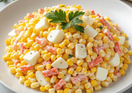 Наш семейный хит — салат «Солнечный» с крабовыми палочками и кукурузой. Яркий, веселый и исчезает за секунды