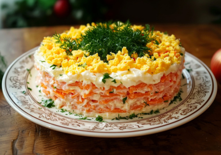 Один салат на ужин, а вкусов — десять: «Мимоза» с красной рыбой и рисом. Нежнее не бывает