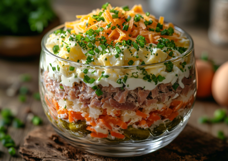 Готовлю не салат, а произведение искусства на ужин: слоеный с печенью трески и картофелем. Восторг в каждом кусочке