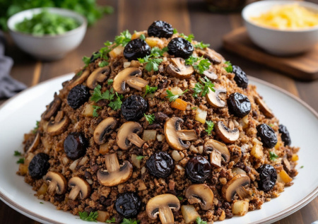 Один большой салат вместо ужина: «Муравейник» с черносливом и жареными грибами. Сытная сказка с неожиданным вкусом