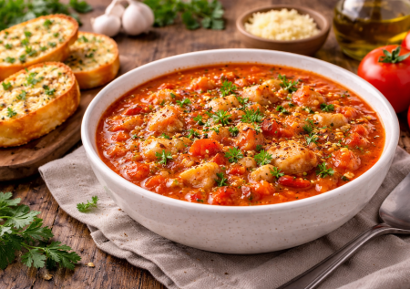 Томатно-хлебный суп с чесночными гренками — ароматное блюдо, которое согревает с первой ложки