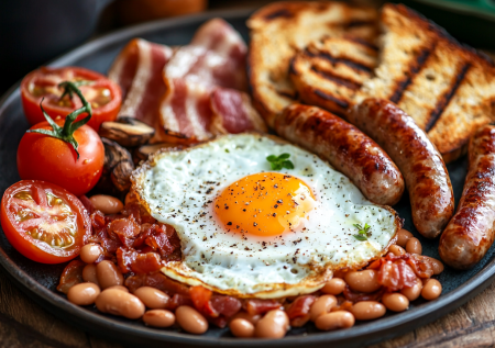 Английский завтрак с сарделькой и яйцами: очень сытно — есть не захотите до обеда, а то и дольше