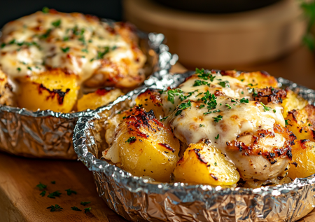 Когда лень готовить отдельно мясо и гарнир, спасает этот рецепт: курица с картошкой в тарелках из фольги