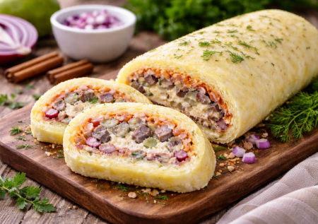 Только сварить картошку: рулет с сельдью и копчёной икорной пастой — просто, красиво и очень вкусно