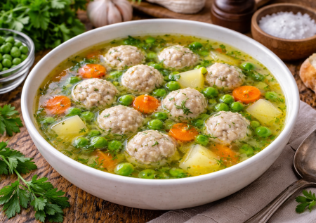 Суп с куриными фрикадельками и зеленым горошком — легкий вариант без зажарки
