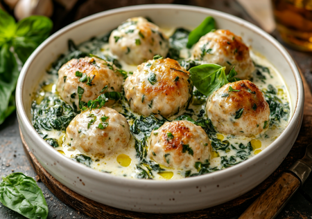 Превращаю куриный фарш в изысканные фрикадельки — добавляю рикотту для нежности и томлю в сливочном соусе