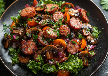 Этот салат с шампиньонами и колбасой стал нашим фаворитом — «Русский медведь», который готовится за 15 минут