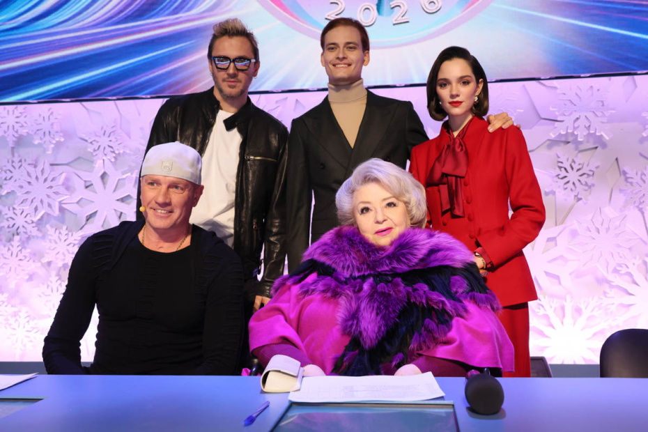 Максим Траньков, Ильдар Гайнутдинов, Евгения Медведева, Роман Костомаров, Татьяна Тарасова на съемках нового сезона шоу «Ледниковый период»