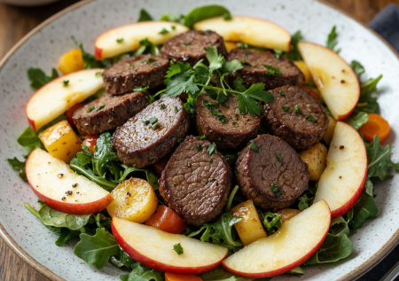 Берлинский тёплый салат с печенью и яблоком. Готовится за 15 минут, идеально к картошечке или на хлеб