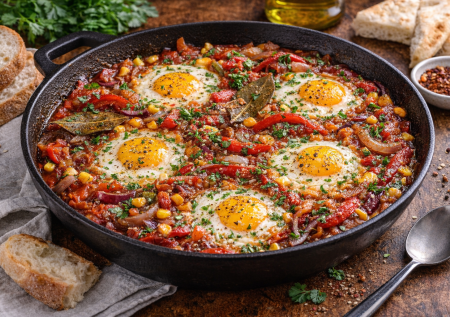 Яичница с овощами, как шакшука, только интереснее: запеченные перчики и кукуруза поразят вас