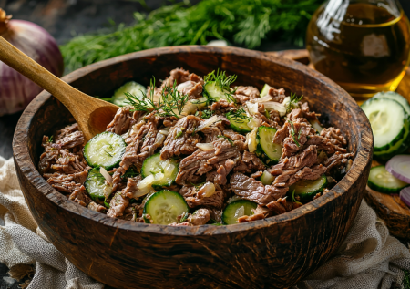 Забудьте о нарезке! Салат «Деревенский» с солеными огурцами и вареной говядиной. Покрошил, заправил — и можно звать всех к столу