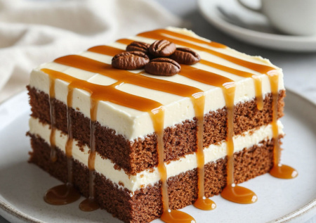 Ленивый торт за 25 минут: один кофейный корж, крем-чиз и карамель. Вкусный и быстрый десерт к чаю