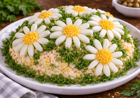 Крабовый салат «Ромашки» — эффектный хит для праздничного стола или вкусного ужина