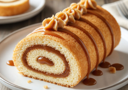 Десерт для внезапных гостей: бисквитный «коврик» с варёной сгущенкой. Свернул, нарезал — и сочный. вкусный рулет на столе