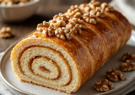 Бабушкин секрет: медовая «скатерть» с орехами. Один корж сворачиваю в рулет — и сказка на столе