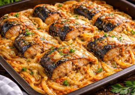 Скумбрия по-вкусному: лук, соус и никаких прибамбасов — простой рецепт играет на руку рыбке