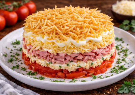 Делали салат на Новый год и теперь не можем остановиться: салат «Блондинка» с жареной картошкой