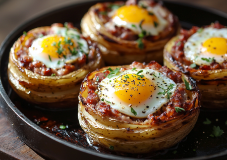 Печеный картофель надоел. Делаю гнезда из тертой картошки с яйцом пашот — и завтрак, и ужин в одной сковороде