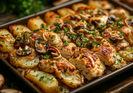 Кидаю все ингредиенты на противень и мешаю с майонезом — через 30 минут ароматный ужин готов