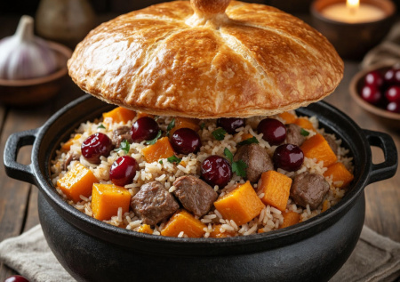 Заливаю рис шафрановой водой и накрываю тестом — через час в казане королевский плов с тыквой и кизилом