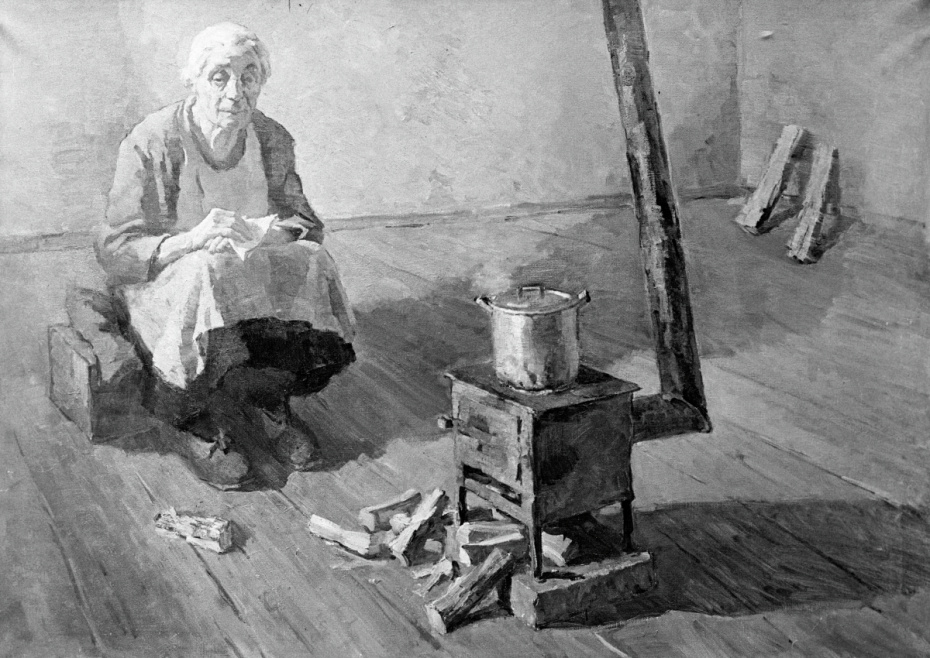 Женщина возле печки буржуйки, 1942 год