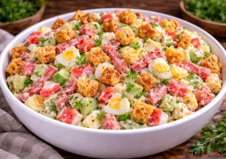 Гости разобрали его первым и были в шоке от вкусноты: крабовый салат с сухариками и салями