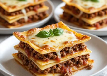 Заливаю лапшу и фарш соусом — через 40 минут в духовке лазанья «Мини» порциями