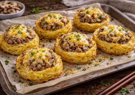 Нарядные гнезда из картошки и фарша — когда обычные продукты превращаются в шикарное блюдо