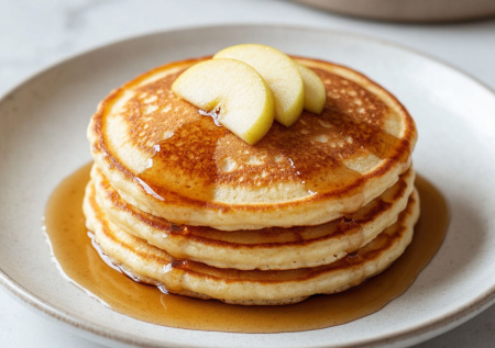 Три ингредиента для идеального завтрака: творог, яблоко и ложка муки. Пышные оладьи с кленовым сиропом — вкуснее блинчиков