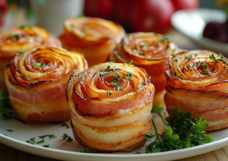 От жареной картошки устала. Пеку розочки из тонких долек с ветчиной — красиво, сытно и минимум масла