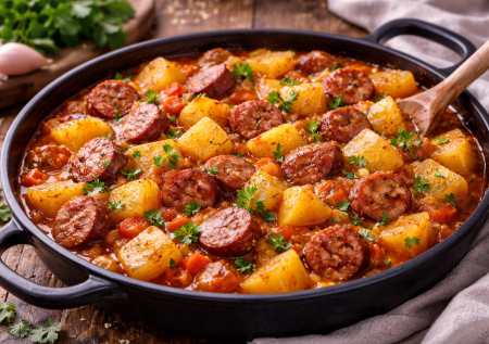 Вкуснота для зимнего обеда: тушеная картошка с охотничьими колбасками — гениально и просто