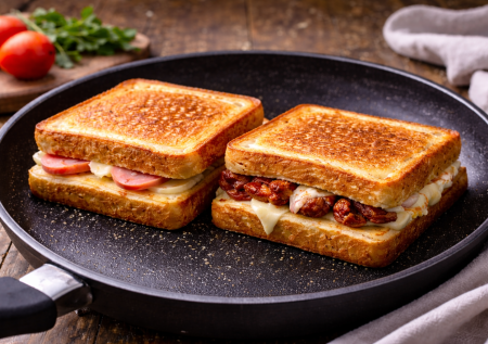 Если нет бутербродницы: горячие сэндвичи на сковороде — три классные начинки
и секрет с гнетом
