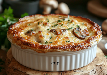 Беру грибы, курицу, сыр и готовое тесто. Через 30 минут у меня ароматный жюльен с воздушной «шапочкой»